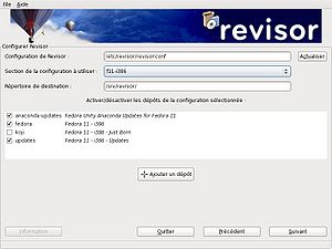 Choix du fichier de configuration de Revisor, de la version de Fedora et du type de processeur